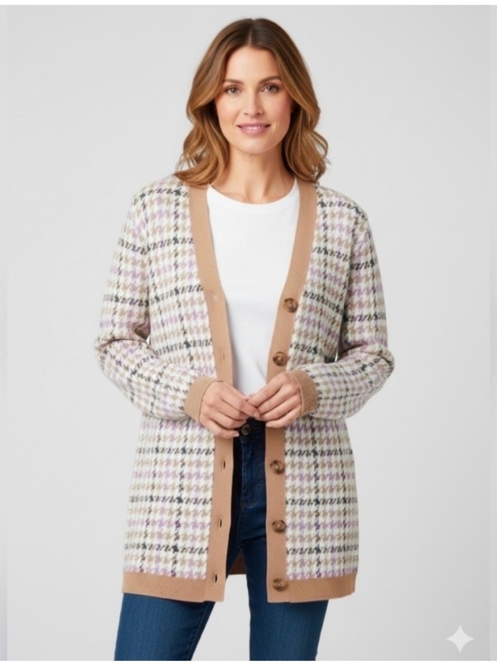 Ann Taylor Houndstooth Cardigan in Camel and Lilac